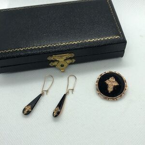 💛 14k Gold Antique Gothic Onyx Mourning Set